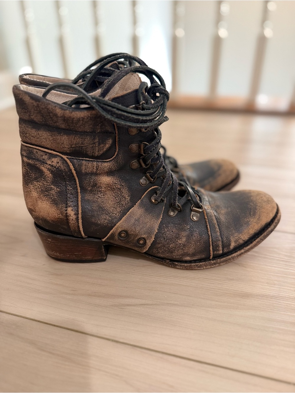 Freebird by Steven Distressed Lace-Up Leather Ankle Boots - Brown/Black